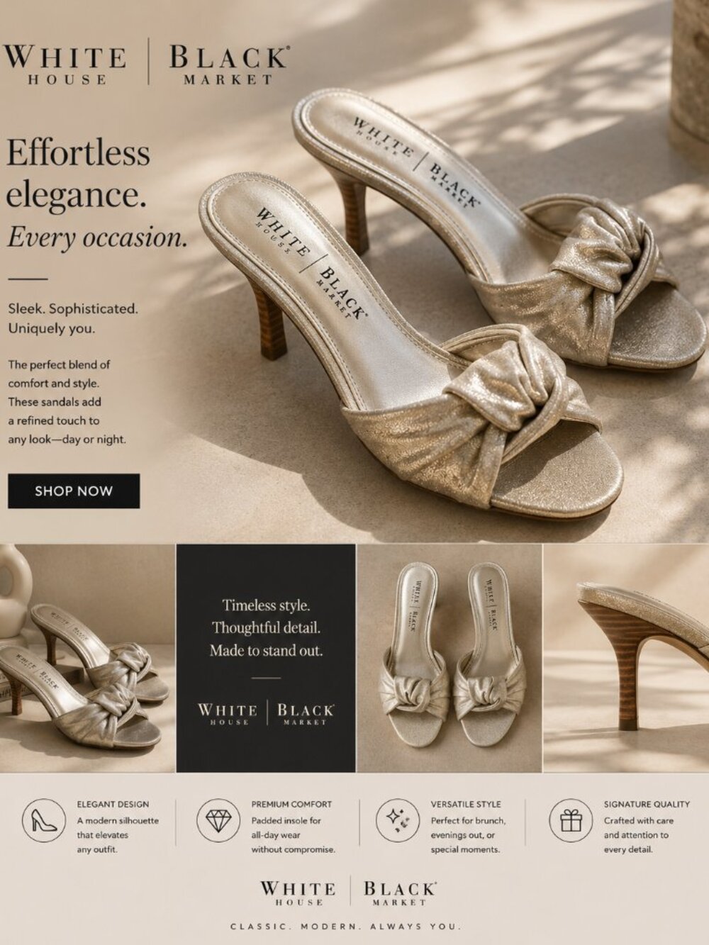 White House Black Market Metallic Knot Heel Sandals Size 8.5